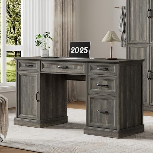 Tradare 58" Farmhouse Executive Desk, Wood Home Office Desk with Drawers & File Cabinet, Embossed Texture Storage Organizer Computer Desk for Working, Studying, Writing, Gray