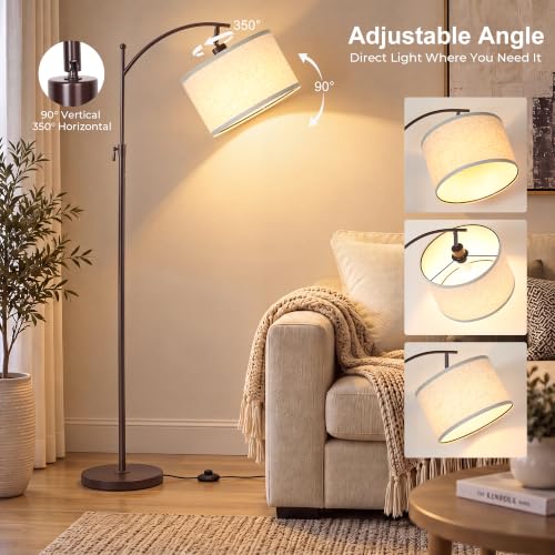 JUNNAI Modern Brown Floor Lamp Adjustable Height 55-63in 3 CCT 9W LED Bulb - color: Brown+Beige Shade-Arc
