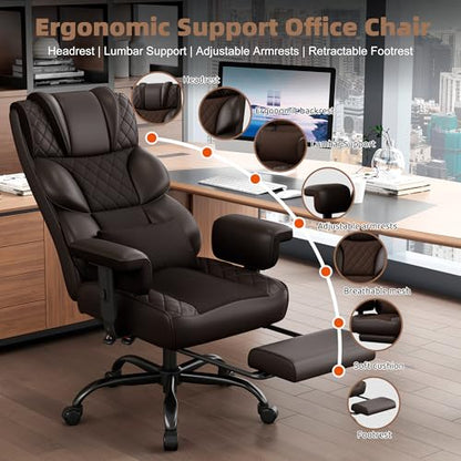 Vonesse Office Chair, Desk Chair with Soft Adjustable Armrests, Ergonomic High Back Gaming Chair with Lumbar Support, Executive Computer Chairs with Footrest (PU Leather, Brown) - color: Brown