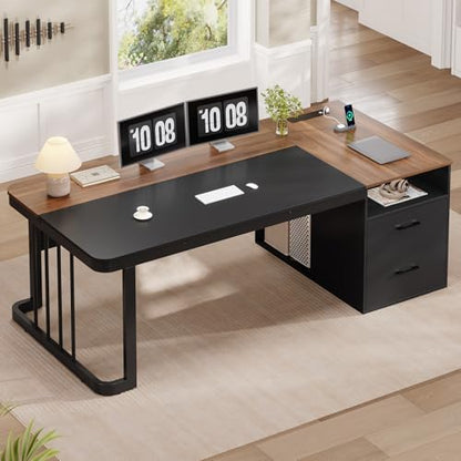 70.9" Executive Desk with Power Outlet, Large Office Desk with Drawers & Lateral File Cabinet, Long Computer Desk with Adjustable Storage Shelves, Modern Workstation Business Furniture (Walnut) - color: Walnut