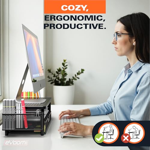 eVoomi FlowMax Ergonomic Desk organizer Computer Monitor Stand -Improved XL Desk Drawer, File Paper Pencil Holders - Pro Posture Eye-Level Tension Relief - Anti-Slip Home Office Supplies Storage Stand for Laptop Monitor or Printer