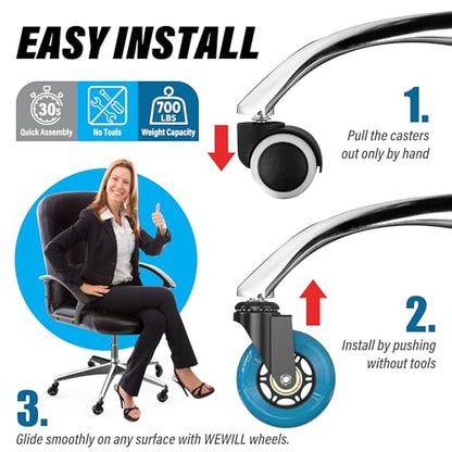 WEWILL Office Chair Wheels - Rubber Casters Replacement Universal Fit 98% Chair(Set of 5) Heavy Duty 3 Inch Smoothly & Quietly Safe for All Floor, Hardwood, Tile, Carpet, Noise Free - Navy - color: Navy
