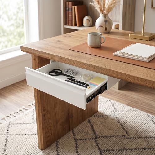 Under Desk Drawer Organizer Metal, Sliding Pull-Out Storage Tray, Hidden Mount, White, Large Capacity for Keyboard Mouse Office Supplies, Smooth Silent Rail, Easy Install