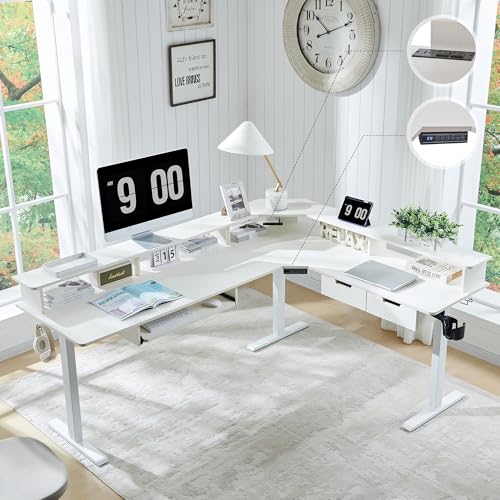 RedLemon 75x60 Inches L Shaped Electric Standing Desk 2 Tier, Antique White - color: Antique White, size: 75"X60"