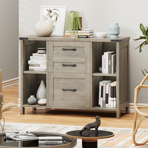Befrases Farmhouse File Cabinet, Lateral Filing Cabinet with 3 Drawers for Letter/A4 Size Hanging Files, Large Wooden Printer Stand with Adjustable Shelves for Home Office, Rustic Grey - color: Rustic Grey, size: 13.78"D x 34.65"W x 25.98"H