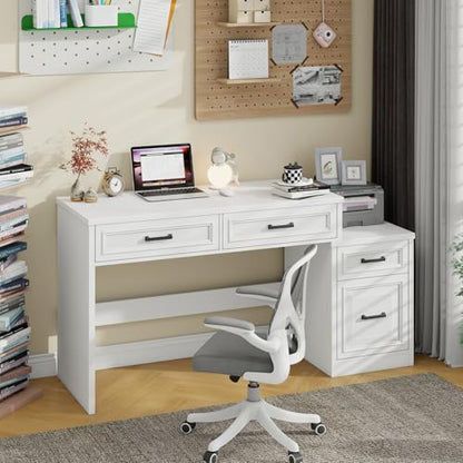 Vabches 61" Farmhouse Computer Desk with Storage and File Drawer, White | Executive Desks with Printer Stand, Rustic Large Home Writing Desk for Home Office - color: White