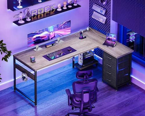 AODK 61" L Shaped Gaming Desk with 4 Drawers and Power Outlets, Grey | USB Ports, PC Tower Stand, Hooks, Reversible Corner Layout for Gaming Rooms, Bedrooms and Home Office - color: Grey, size: 61 Inch