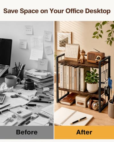 2-Tier Desktop Bookshelf, Desk Shelf Organizer, Rustic Brown - color: Rustic Brown