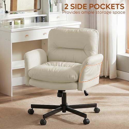Bestier Criss Cross Chair with Flip-Up Arms, Comfy Wide Vanity Chair | Scratch-Resistant Pu Leather Computer Office Desk Chairs with Wheels 2 Side Pockets for Home Makeup Bedroom, Beige - color: Beige Pu Leather, size: Low Back
