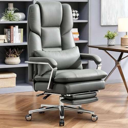 Furniliving Big and Tall Office Chair with Footrest, PU Leather High Back Executive Office Chair with Adjustable Lumbar Support, Wide Seat Reclining Desk Chair with Armrest, Height Adjustment, Grey - color: Grey 2