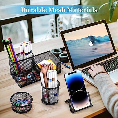 2-Piece Desk Pen & Pencil Organizer - Mesh Metal Pen Cup with Sticky Notes Holder, Black | Pen Cup - style: Square