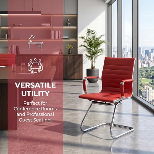 Office Desk Chair Set of 8,No Wheels PU Leather Computer Chairs Mid Back Guest Chairs with Seld Base for School/Reception/Conference/Waiting Room,Burgundy Red - color: Deep Red, size: 8PCS