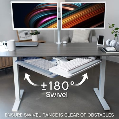 VIVO Adjustable 25 x 10 inch Computer Keyboard and Mouse Platform Tray Ergonomic Under Table Desk Mount Drawer Underdesk Shelf, White, MOUNT-KB03W | Adjustable Computer Keyboard and Mouse Platform, Ergonomic Under Table Desk Mount Drawer, Full Swivel - co