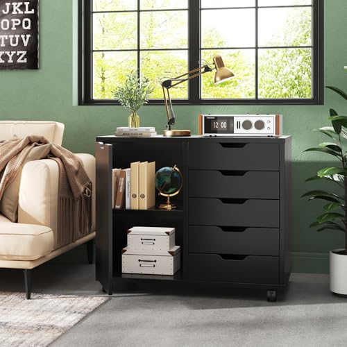 OLIXIS 5-Drawer Rolling Mobile File Cabinet Wood Printer Stand with Storage | Under Desk Storage with Locking Casters Adjustable Shelf, Wood Top 100 lbs Capacity for Home Office Organizer Compact, Black