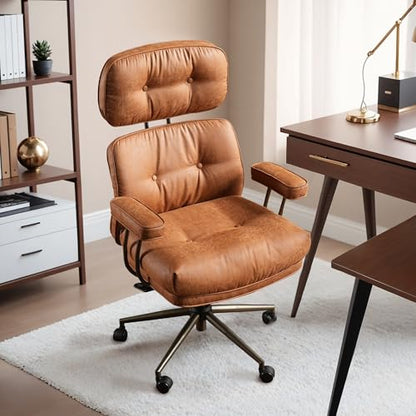 HOOOWOOO Mid-Century Modern Ergonomic Office Chair, Extra Wide Comfy Executive Chair with Lumbar Support, Suede Leather Light Brown - color: Cognac Brown-cloudy Seat, size: High Back