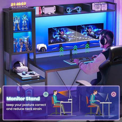 SEDETA 60'' Gaming Desk with Storage, Hutch, Display Cabinet and LED Lights - color: Black