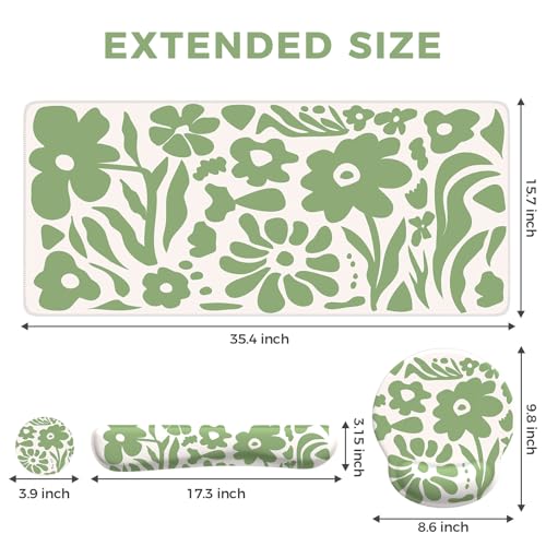 iCasso Desk Cover Mat, 4in1 Floral Large Mouse Pad with Wrist Rest, Desk Matt for Desktop, Anti-Slip XXL Big Computer Ergonomic Mousepad with Wrist Support for Keyboard and Mouse (Green) - color: Green
