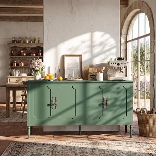 Garvee 59 in Sideboard Buffet Cabinet with Storage, Vintage Coffee Bar Cabinet with 4 Doors & Adjustable Shelves for Living Room, Kitchen, Hallway, Green - color: Green