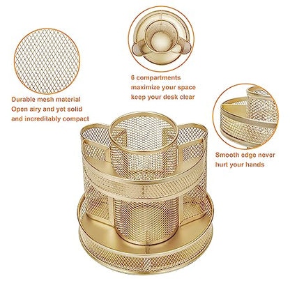Annova Mesh Desk Organizer Rotate with 5 Compartments Round Spinning Tidy Candy/Pen Holder Desk Accessories Office, Art Supply, Storage, Classroom, Home (Gold) - color: Gold
