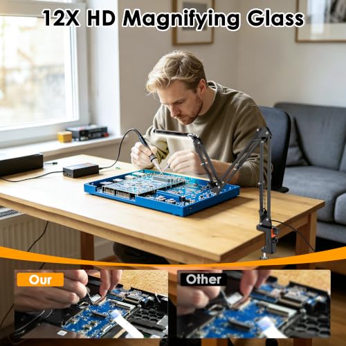 12X Magnifying Glass with Light and Stand Hands Free, Long Swing Arm Lighted Magnifier Lamp for Close Work, Dimmable Desk Magnifying Light with Clamp for Soldering Craft Jewelry Bench Sewing - size: 43in