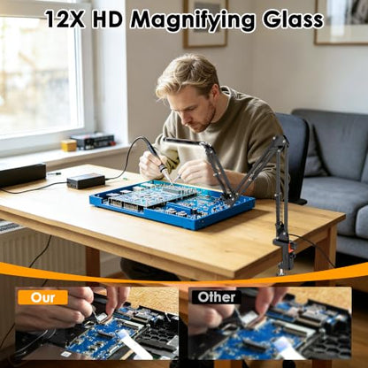 12X Magnifying Glass with Light and Stand Hands Free, Long Swing Arm Lighted Magnifier Lamp for Close Work, Dimmable Desk Magnifying Light with Clamp for Soldering Craft Jewelry Bench Sewing - size: 43in