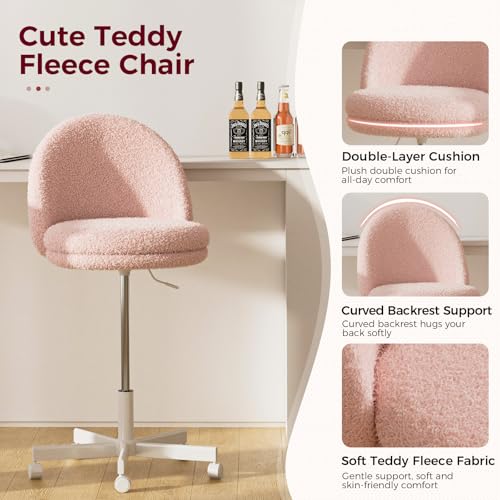 GTPLAYER Velvet Tall Office Chair with Wheels Vanity Chairs with Back, Versatile Height Use: Office to Bar Stools Small Ergonomic Comfy Armlees Computer Desk Chair with Bow Lumbar Pillow for Gift - color: Tv-peach
