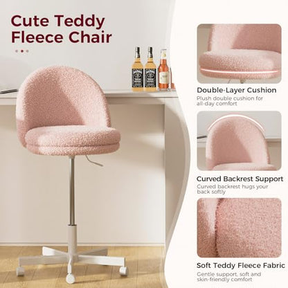 GTPLAYER Velvet Tall Office Chair with Wheels Vanity Chairs with Back, Versatile Height Use: Office to Bar Stools Small Ergonomic Comfy Armlees Computer Desk Chair with Bow Lumbar Pillow for Gift - color: Tv-peach