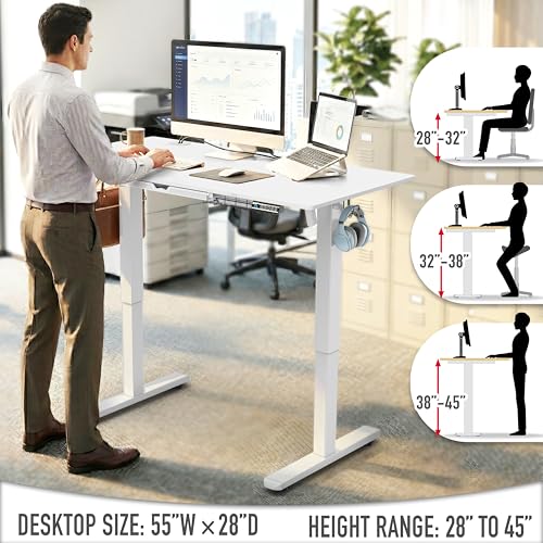 SHW 55 x 28 Electric Height Adjustable Standing Desk w/Drawer, White - color: White, size: 55-Inch