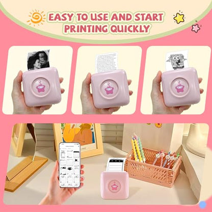 vretti Sticker Printer - TP2-Y Mini Portable Thermal Printer Inkless Sticker Maker Machine Bluetooth Label Maker Pocket Instant Print for Study Graphics, Anatomical Diagrams, Photos, Students - color: Pink