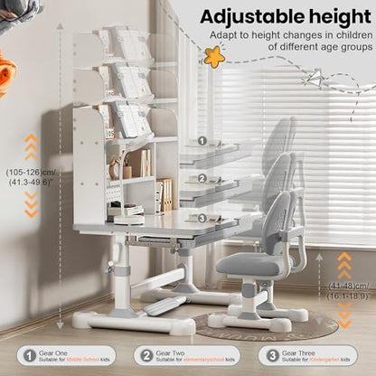 Kid Study Desk and Chair Set 3-12 Height Adjustable Ergonomic Desk | School Art Desk, 50° Tiltable Desktop, Easy-Turn Crank, Storage Drawer & Built-in Bookstand for Children Boys & Girls - color: 013-grey-31.5in