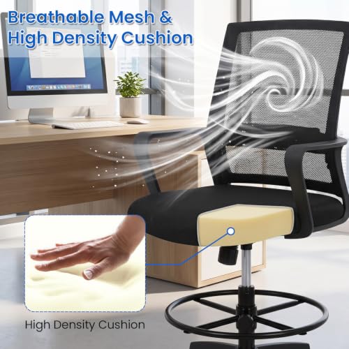 BestOffice Drafting Chair Tall Office Chair Adjustable Swivel Rolling Mesh Height with Lumbar Support Arms Footrest Mid Back for Adults Standing Desk Drafting Stool(Dark Black) - color: Dark Black
