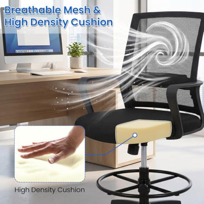 BestOffice Drafting Chair Tall Office Chair Adjustable Swivel Rolling Mesh Height with Lumbar Support Arms Footrest Mid Back for Adults Standing Desk Drafting Stool(Dark Black) - color: Dark Black