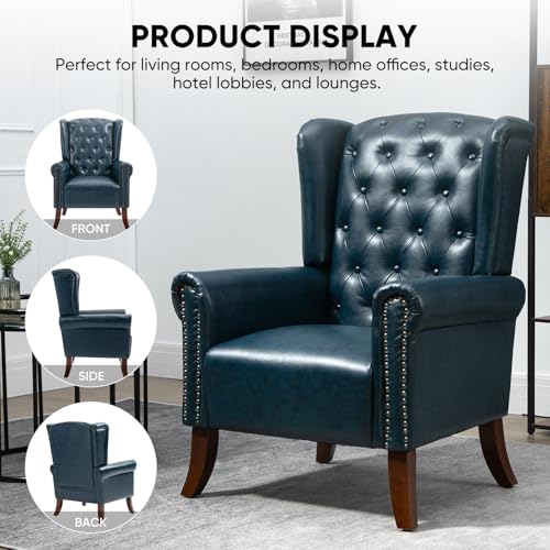 MOJAY Modern PU Leather Accent Chair, Living Room Lounge Sofa Chair with Buttons, Single Club Armchair with Rivet Trim for Bedroom Home Reception (DarkBlue) - color: Blue, size: Set of 1