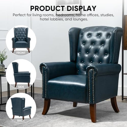 MOJAY Modern PU Leather Accent Chair, Living Room Lounge Sofa Chair with Buttons, Single Club Armchair with Rivet Trim for Bedroom Home Reception (DarkBlue) - color: Blue, size: Set of 1