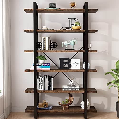 AY-AOYUAN Solid Wood Bookcase and Book Shelves Wood and Metal Shelving Unit 6 Tier Bookshelf Modern Rustic Open Bookshelf Office,Distressed Brown (AY-02-6Tier) - size: 6Tier