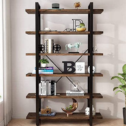 AY-AOYUAN Solid Wood Bookcase and Book Shelves Wood and Metal Shelving Unit 6 Tier Bookshelf Modern Rustic Open Bookshelf Office,Distressed Brown (AY-02-6Tier) - size: 6Tier