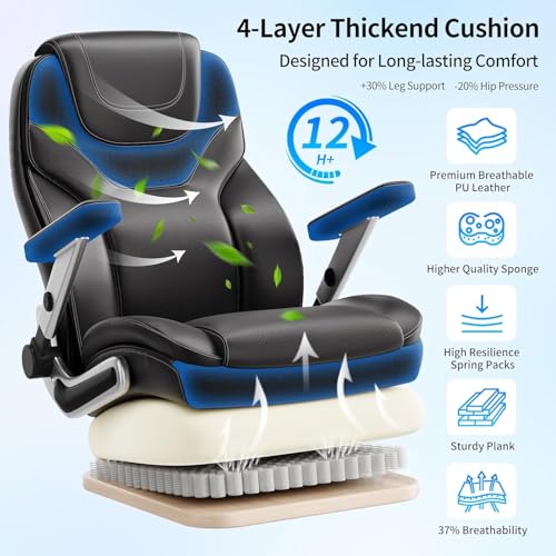 Big and Tall Office Chair with 5D Arms, Fabric & PU Leather Heavy Duty Desk Chair, Adjustable Lumbar Support & Height, Tilt Function, High Back Ergonomic Executive Computer Chair - color: Black