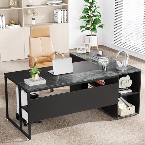 Tribesigns 71 inch Executive Desk, L Shaped Desk with Cabinet Storage, Executive Office Desk with Shelves, Business Furniture Set Workstation for Home Office, Black - color: Black