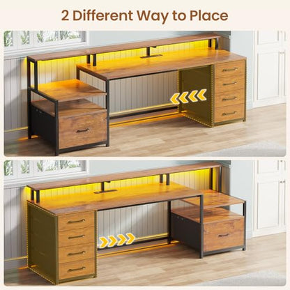 SEDETA 66'' Computer Desk with 5 Drawer, Power Outlet for Home Office - color: Rustic Brown With Led Lights, size: 67X18.5inch