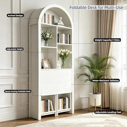 70.8" Tall Arched Bookcase & Folding Craft Desk,Convertible Hideaway,White - color: Brown, size: 29.53"L x 9.45"W x 70.8"H