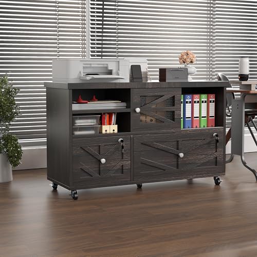 Gray Lateral File Cabinet with Lock, 2 Drawer Rolling Filing Cabinet for Home Office, Mobile Storage Cabinet with Open Shelves & Sliding Door, Fits Legal/Letter/A4 Files, Herringbone Design - color: Gray Herringbone-2 Drawers
