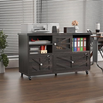 Gray Lateral File Cabinet with Lock, 2 Drawer Rolling Filing Cabinet for Home Office, Mobile Storage Cabinet with Open Shelves & Sliding Door, Fits Legal/Letter/A4 Files, Herringbone Design - color: Gray Herringbone-2 Drawers