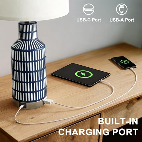 USumkky 25" Modern 3-Way Dimmable Touch Control with USB A+C Ceramic Lamps Set of 2 Table Lamp for Living Room Bedroom Farmhouse Nightstand Bedside Blue - color: Dark Blue