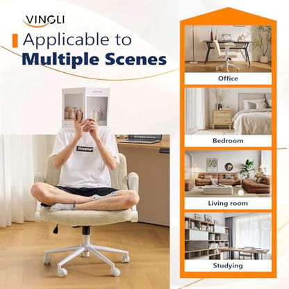 VINGLI Criss Cross Chair with Adjustable Flip-Up Arms,Cross Legged Chair with Wheels, Extra Wide Office Chair,Cozy Desk Chair for Home Office, Vanity, Apartment,Chenille Velvet,Beige - color: Beige