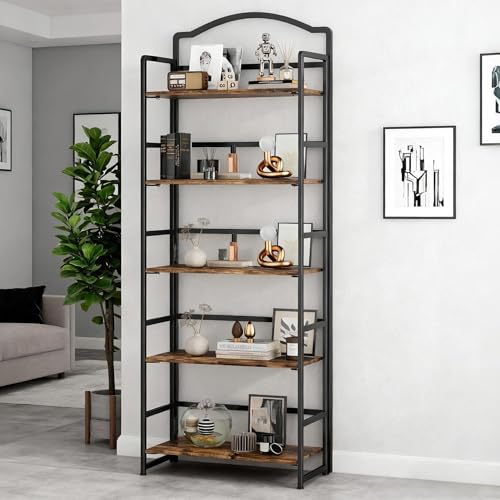 JSB 5 Tier No Assembly Folding Bookshelf, Arched Bookshelf, Foldable Bookcase for Living Room, Bedroom, Office,Skinny Bookshelf (Fire Brown) - color: Fire Brown, size: 5-Tier