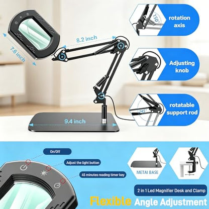 WEEOATAR 15X Lit Magnifying Glass Led Magnifier with Stand, Foldable, 5 Color Modes, Stepless Dimming, 2 in 1 Magnifier for Desk and Clamp for Reading, Sewing and DIY (Square) - style: Square