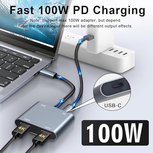 USB C to Dual HDMI Adapter, 4K@60Hz HDMI Splitter for Dual Monitors with USB 3.0, 100W PD Charging, HDMI Splitter Extended Display for MacBook Air/Pro, Dell XPS, HP, Surface, Chromebook - color: Grey 03-USB C Hub