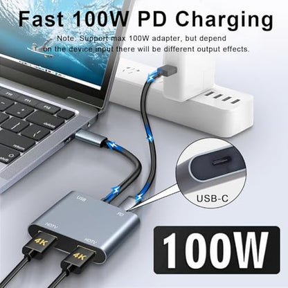 USB C to Dual HDMI Adapter, 4K@60Hz HDMI Splitter for Dual Monitors with USB 3.0, 100W PD Charging, HDMI Splitter Extended Display for MacBook Air/Pro, Dell XPS, HP, Surface, Chromebook - color: Grey 03-USB C Hub