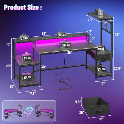 DurayLoly 63" Gaming Desk with RGB LED,Headphone Hook Shelves for Bedroom - color: Black, size: 19.6"Dx63"Wx51"H