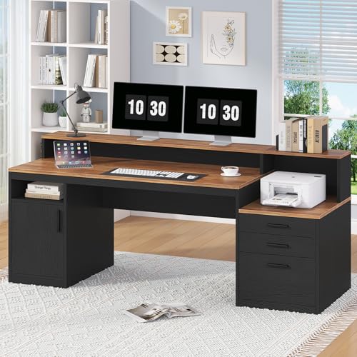 YOMILUVE Computer Desk with 3 Drawers & Storage Shelves, 65 Inch Home Office Desk with File Drawer & Cabinet, Writing Study Desks with Monitor Stand & Printer Shelf, Executive Desk, Brown and Black - color: Brown and Black